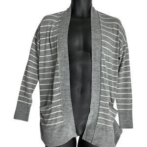LOFT Cardigan Sweater Womens Size S Gray White Striped Wool Blend Long Sleeves
